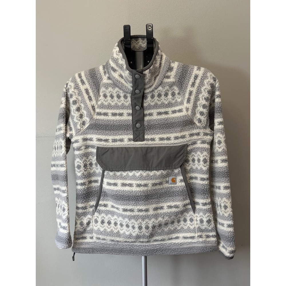 Carhartt 104922 W Fleece Pullover Womens XS Gray Fair Isle Relaxed Fit Gorpcore